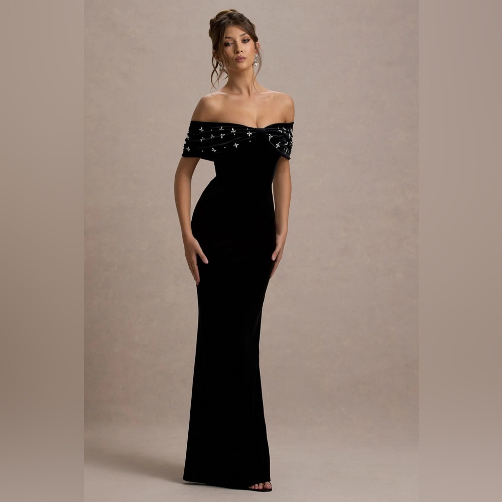 Club L London WEST END Black Velvet Embellished Bardot Prom Maxi Dress